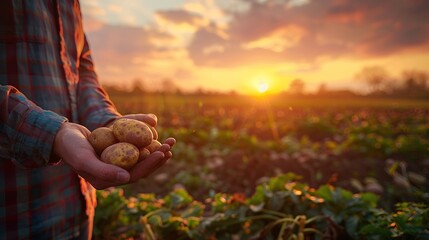 An agronomist inspecting potato crops, holding fresh potatoes, shot against a colorful sunrise sky - obrazy, fototapety, plakaty