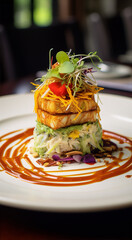 Close-up of a gourmet tofu dish with microgreens and a sweet and sour sauce.
