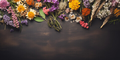 Lavender flowers. Spring flowers background. Floral border. Folk medicine. Various herbs, dried flowers. Aromatherapy.
