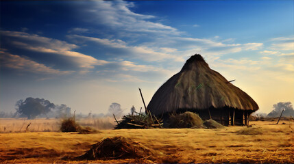 Traditional straw hut in a golden field at dawn.

