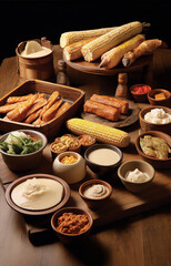 Corn-based foods, diverse dishes, and sauces.

