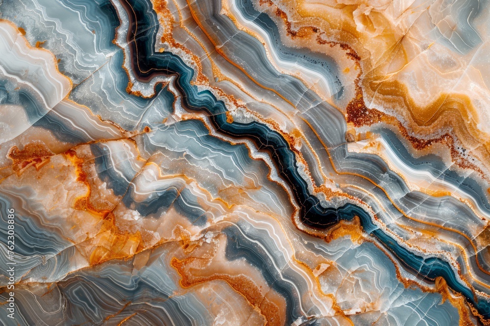 Poster mesmerizing abstract patterns of orange and blue agate stone close-up for backgrounds and textures