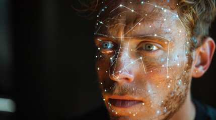 visage d'un jeune homme soumis à un examen d'un logiciel de reconnaissance faciale par analyse anatomique et points de force des traits du visage