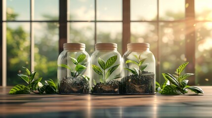 Three Glass Jars Filled With Plants and Dirt