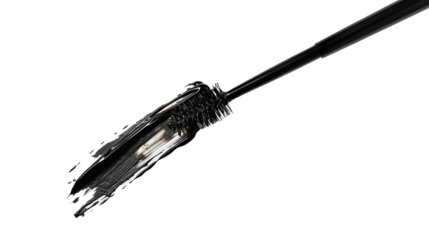  A detailed shot of a mascara wand coated in black mascara, ready to enhance lashes with volume and length