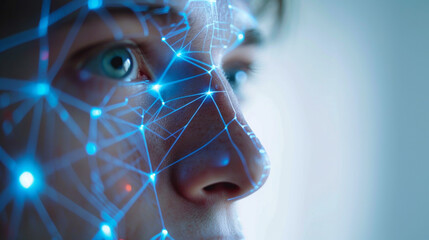visage d'un jeune homme soumis à un examen d'un logiciel de reconnaissance faciale par analyse anatomique et points de force des traits du visage