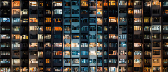 Illuminated Apartment Windows in Urban Nightlife - obrazy, fototapety, plakaty