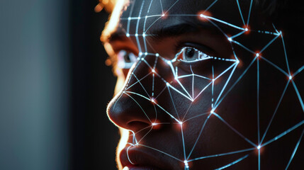 visage d'un jeune homme soumis à un examen d'un logiciel de reconnaissance faciale par analyse anatomique et points de force des traits du visage
