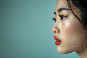 jeune femme brune d'origine asiatique en gros plan de profil sur fond uni, espace pour texte - obrazy, fototapety, plakaty