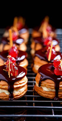 Close-up of Profiteroles with red currant and chocolate glaze on a black background.