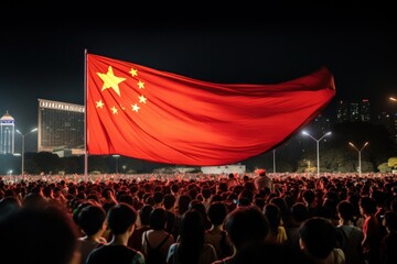 A large Chinese flag fluttered. Suitable for showing patriotism. - obrazy, fototapety, plakaty