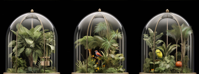 Three enclosed miniature tropical gardens.