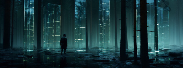Obraz premium Mystical man walking in a dark forest with glowing green glass panels