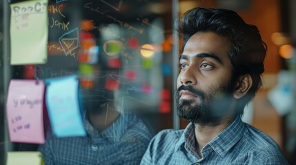 A pensive young Indian businessman stands in the office near the mirror and writes down actions and information in a note at his