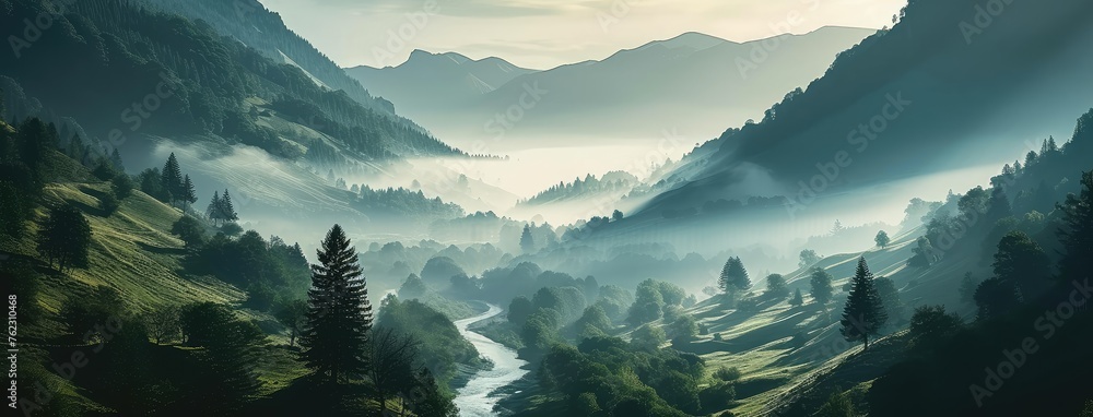 Poster Misty Dawn Over Peaceful Mountain Valley