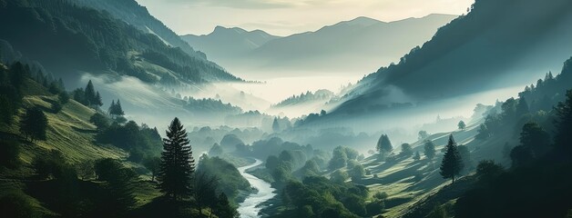 Misty Dawn Over Peaceful Mountain Valley - obrazy, fototapety, plakaty