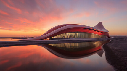 Modern architecture of a red wavy building with a reflection on the water at sunset.