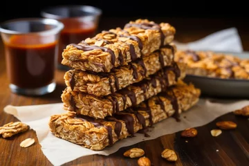 Zelfklevend Fotobehang Peanut butter granola bars with rolled oats, peanut butter, and maple syrup © DK_2020