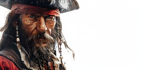Daring, Weathered Pirate Face with Roguish Challenge on Isolated White Background - obrazy, fototapety, plakaty