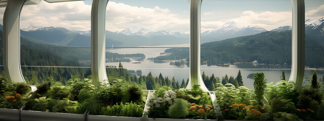 Futuristic living room interior with panoramic windows and green plants