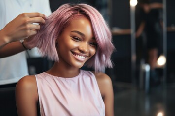 Fototapeta premium Beautiful black woman's hairstyle after pink hair and highlights in a hair salon
