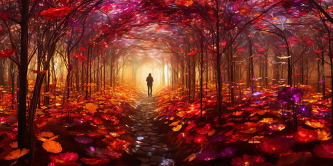 Mystical Glowing Red Flower Forest Path In Autumn