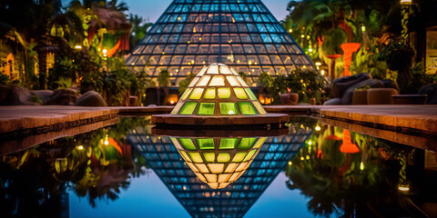 A beautiful fountain in a tropical setting with a pyramid-shaped structure in the background.