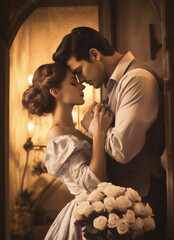 Retro romantic couple, sepia toned, with warm lighting - obrazy, fototapety, plakaty