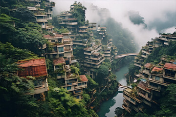 Futuristic city built on a cliff with a river running through it, overgrown with vegetation, in the style of digital art.
