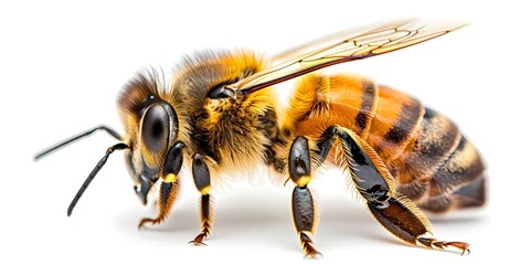 a detailed closeup of a busy bee in action, with its intricate wings, legs, and antennae on full display