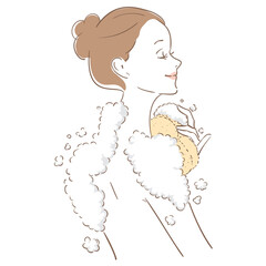 シャワーを浴びる可愛いまとめ髪の女性
