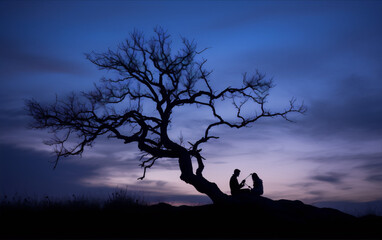 The image is of a couple sitting under a tree at sunset. The sky is blue and orange, and the tree is black. The image is in the art style of silhouette, and the subject is nature.