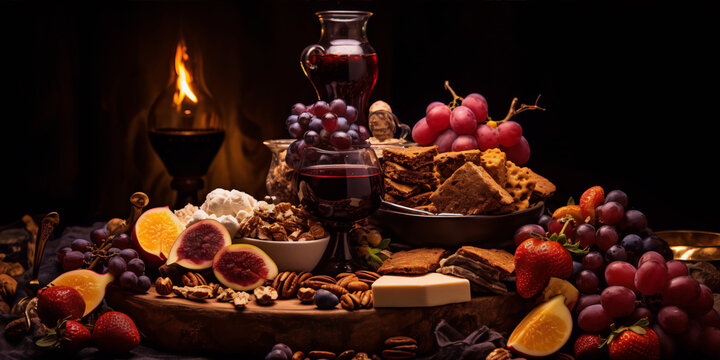 Still life of a bountiful harvest with grapes, figs, strawberries, cheese, and wine in front of a fire on a wooden table.