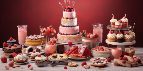 Pink and red desserts and drinks with berries and cream on a red background