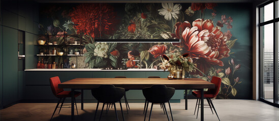 A photo of a dining room with a floral wallpaper, a wooden table, and red chairs. - obrazy, fototapety, plakaty