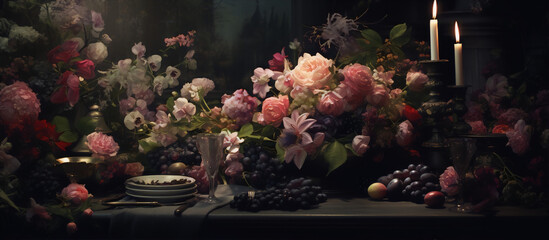 Still life with flowers, fruits and candle in dark room, painting, dark, pink, purple, green - obrazy, fototapety, plakaty