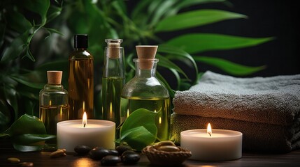 Fototapeta na wymiar Tranquil spa still life, candles, towels, green leaves, aromatherapy oils, staff preparing for massage. green background
