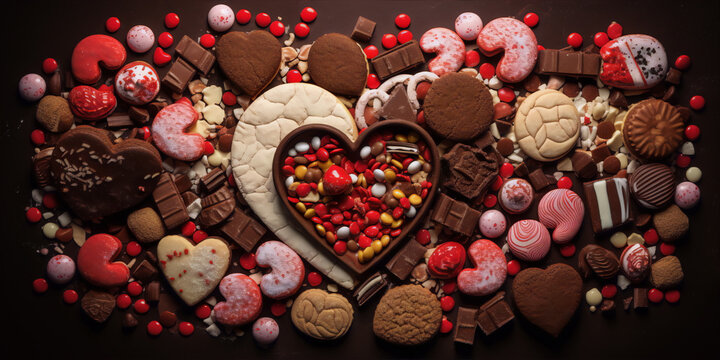 An assortment of heart shaped cookies and candies in red and white colors on a brown background.