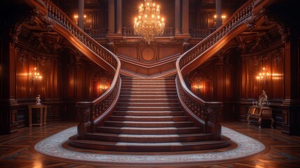 Classic Design Endures: Traditional Staircase with Chandelier Creates Timeless Grandeur
 - obrazy, fototapety, plakaty