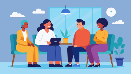 In a separate room a team of mental health professionals meets with a patient who experienced a traumatic event. They provide support therapy