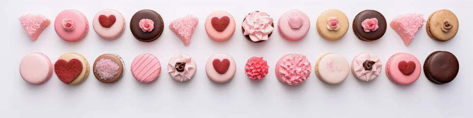 Zelfklevend Fotobehang Pink and brown macarons with heart-shaped decorations. © slawatchisherazad