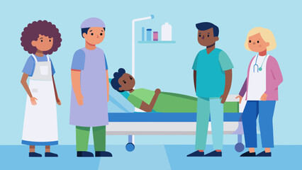A doctor in scrubs standing at the foot of a hospital bed discussing the with a patient and their family. The patient is wearing a hospital gown