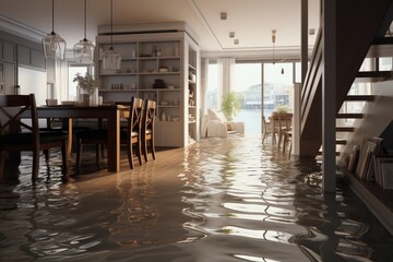 Kitchen apartment flooded by broken pipe, illustrating household water pipe malfunction - obrazy, fototapety, plakaty