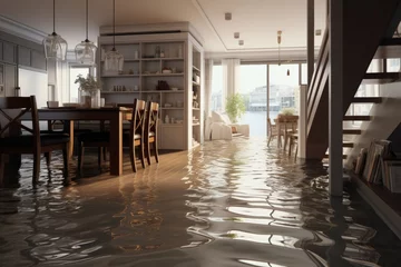 Fotobehang Kitchen apartment flooded by broken pipe, illustrating household water pipe malfunction © Aliaksandra