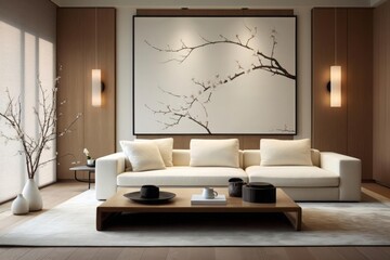 A cutting-edge living room, where minimalism takes center stage. A space adorned with simple, yet elegant furnishings against a neutral background.
