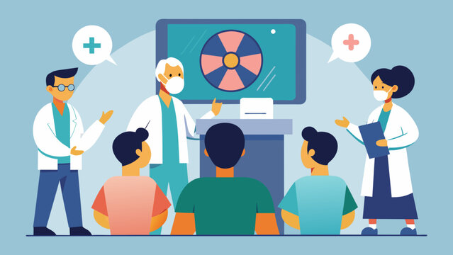 A technician demonstrating the proper use of a radiation shield to a group of medical students during a safety training session in the radiology