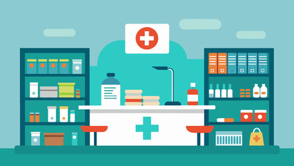 A clean and orderly pharmacy with a comforting calming atmosphere creating a sense of trust and safety for patients to obtain their medications. - obrazy, fototapety, plakaty