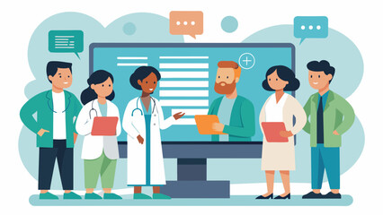A group of doctors and nurses huddled around a computer screen discussing and analyzing the results of a patients health screening. The screen