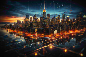 Digital stock market charts seamlessly blending with a cityscape in the background, symbolizing the connection between finance and urban life.