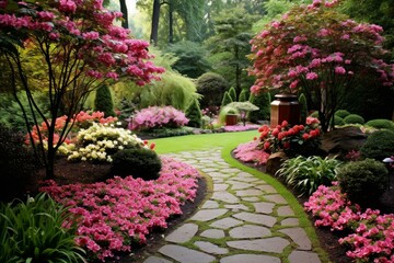 Lush Flower beds paths backyard. Summer nature. Generate Ai